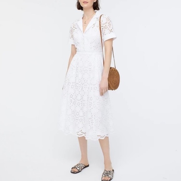 J. Crew Dresses & Skirts - J Crew white a-line eyelet midi dress with sleeves and a collar style no #AK260